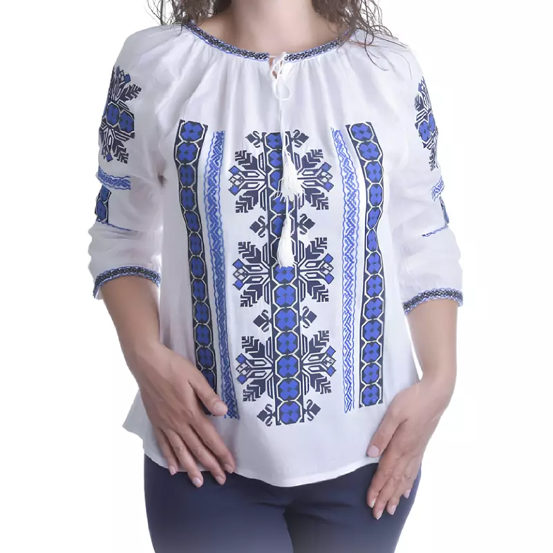 Bluza Tip Ie Traditionala Alba cu Motiv Geometric Albastru de Dama - IMS100