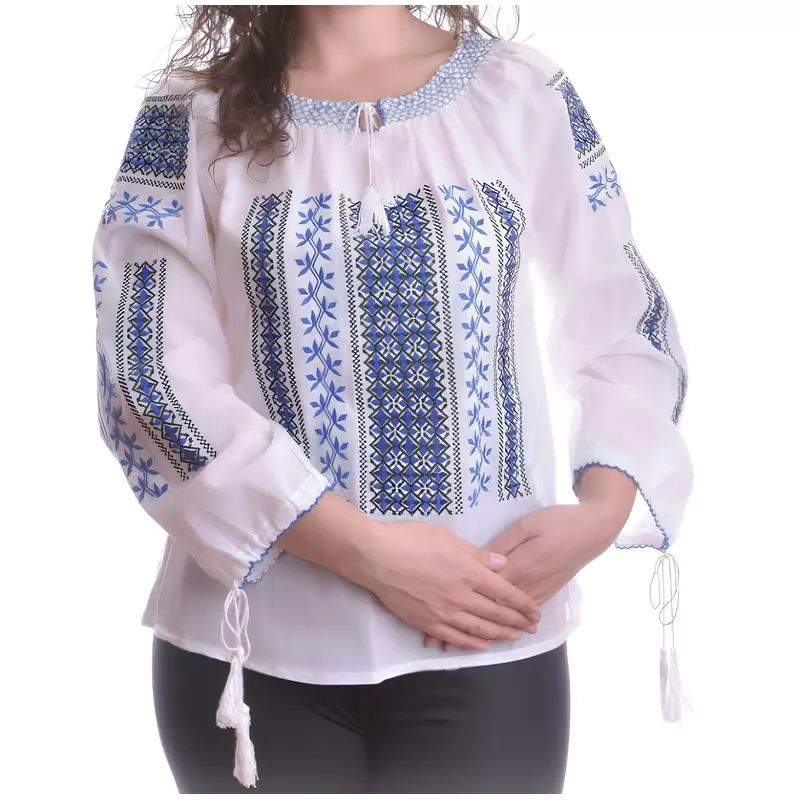 Bluza Tip Ie Alba cu Motiv Geometric Albastru - BMG55