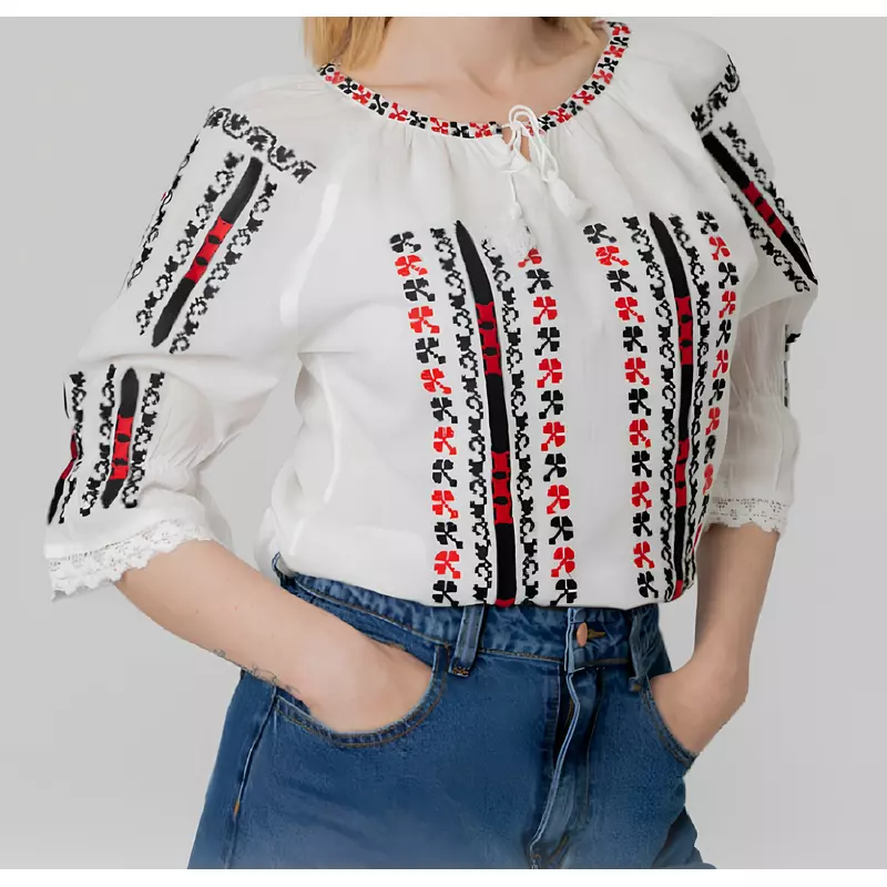 Bluza Tip Ie Traditionala Alba cu Motiv Geometric Multicolor de Dama - IMS59