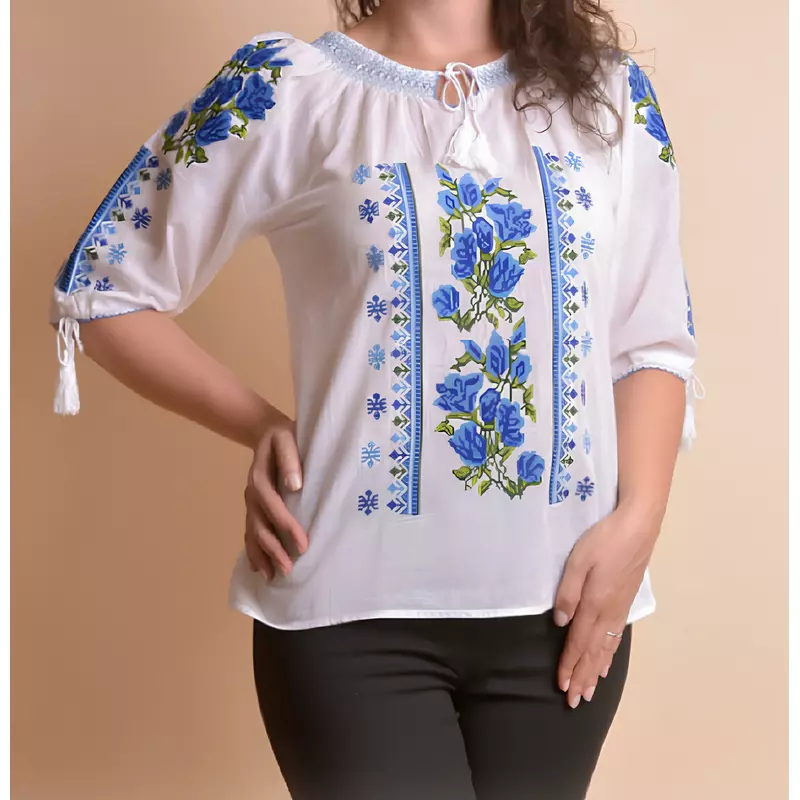 Bluza Tip Ie Traditionala Alba cu Motiv Floral Albastru de Dama - IMS107