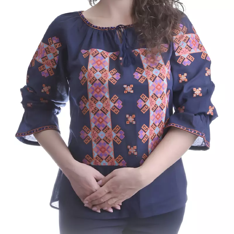 Bluza Tip Ie Traditionala Albastra cu Motiv Geometric Multicolor de Dama - IMS92