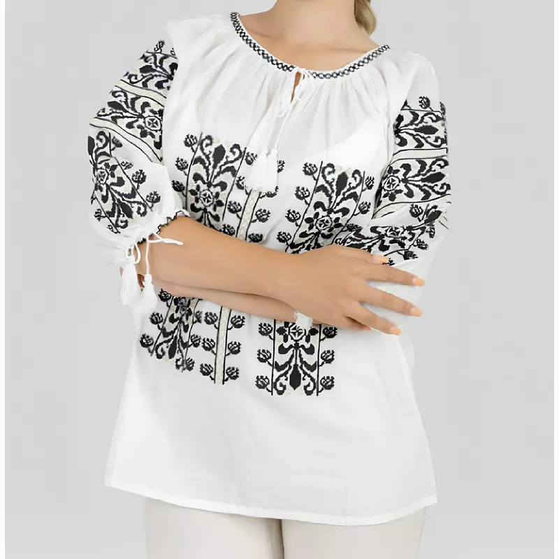 Bluza Tip Ie Traditionala Alba cu Motiv Floral Negru de Dama - IMS165