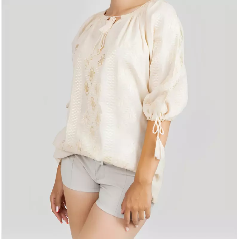 Bluza Tip Ie Traditionala Crem cu Motiv Floral Auriu de Dama - IMS65