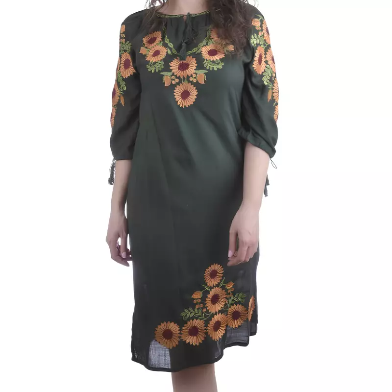 Rochie Traditionala Midi Verde cu Motiv Floral Portocaliu -  RTM30