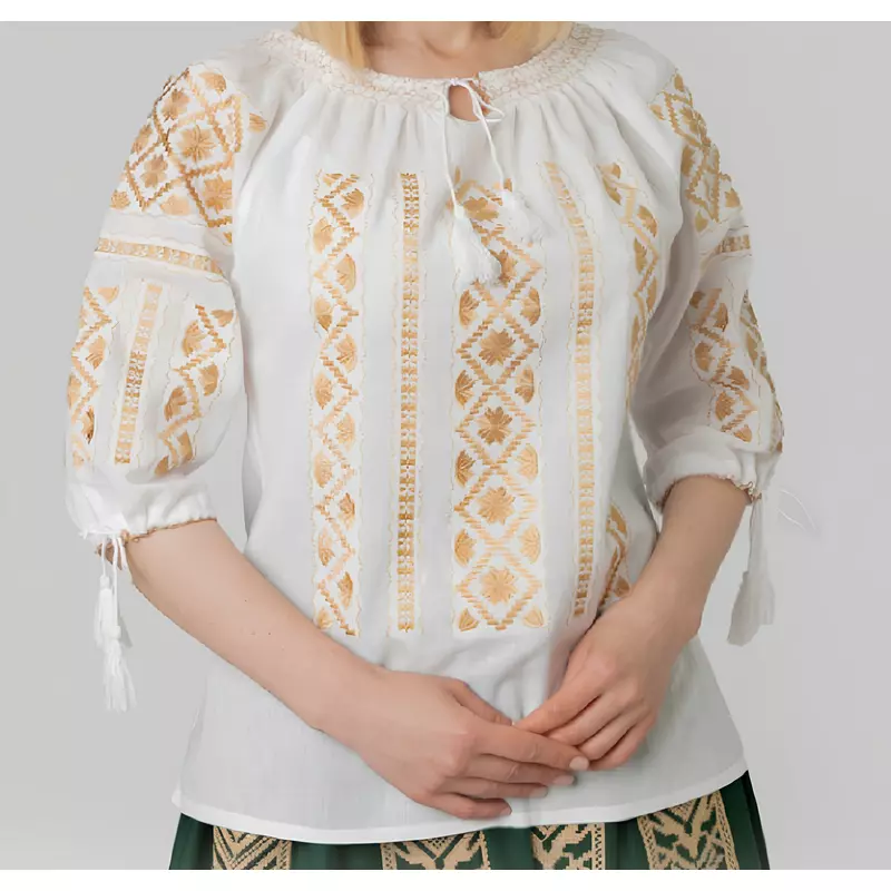 Bluza Tip Ie Traditionala Alba cu Motiv Floral Auriu de Dama - IMS130