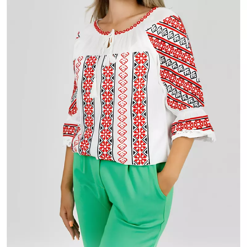 Bluza Tip Ie Traditionala Alba cu Motiv Geometric Rosu de Dama - IMS159