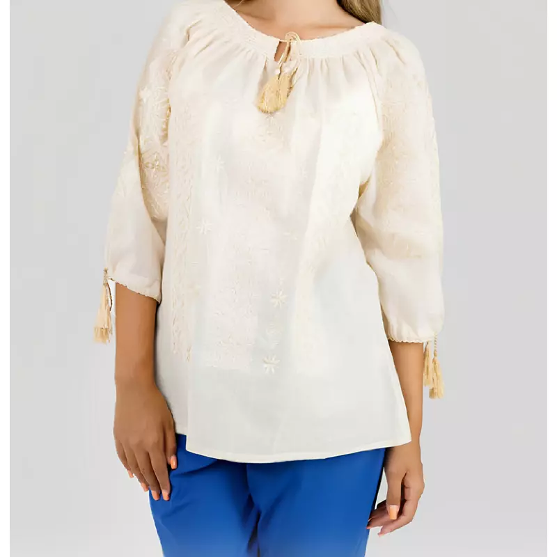 Bluza Tip Ie Traditionala Crem cu Motiv Geometric Auriu de Dama - IMS52