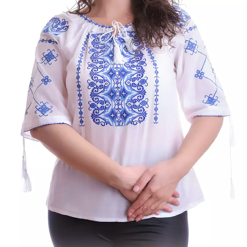 Bluza Tip Ie Traditionala Alba cu Motiv Geometric Albastru de Dama - IMS67