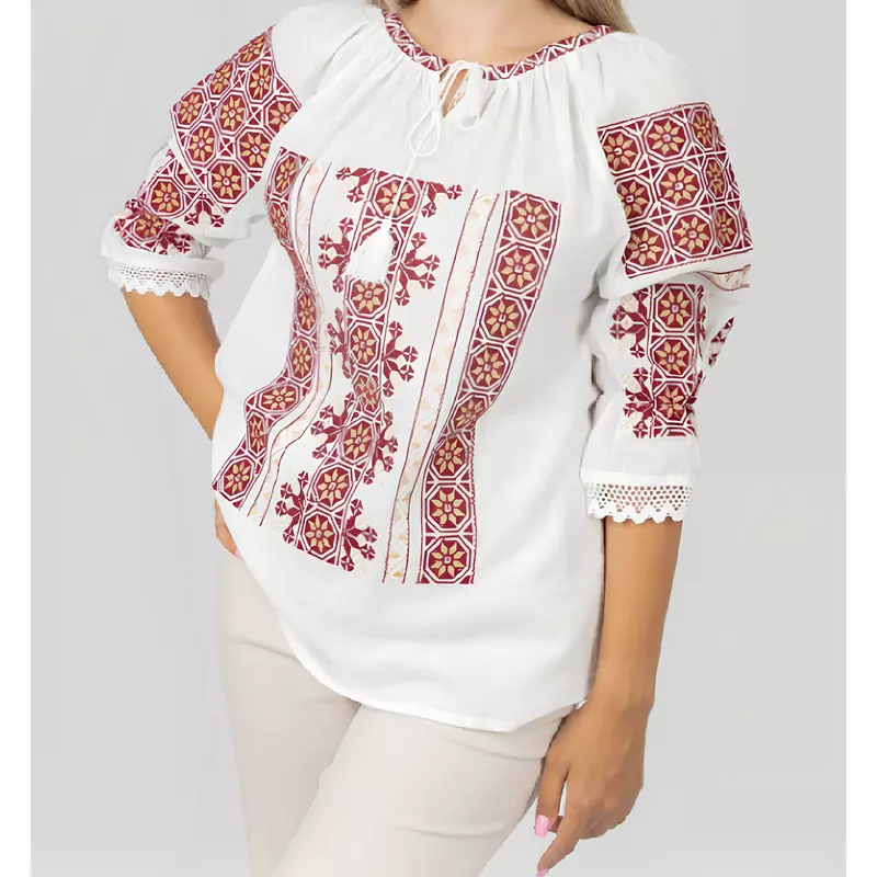 Bluza Tip Ie Traditionala Alba cu Motiv Floral Rosu de Dama - IMS134