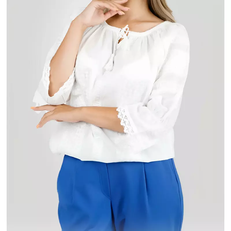 Bluza Tip Ie Traditionala Alba cu Motiv Geometric Alb de Dama - IMS40