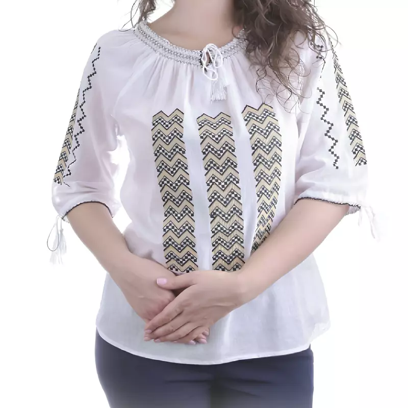 Bluza Tip Ie Traditionala Alba cu Motiv Geometric Auriu de Dama - IMS88