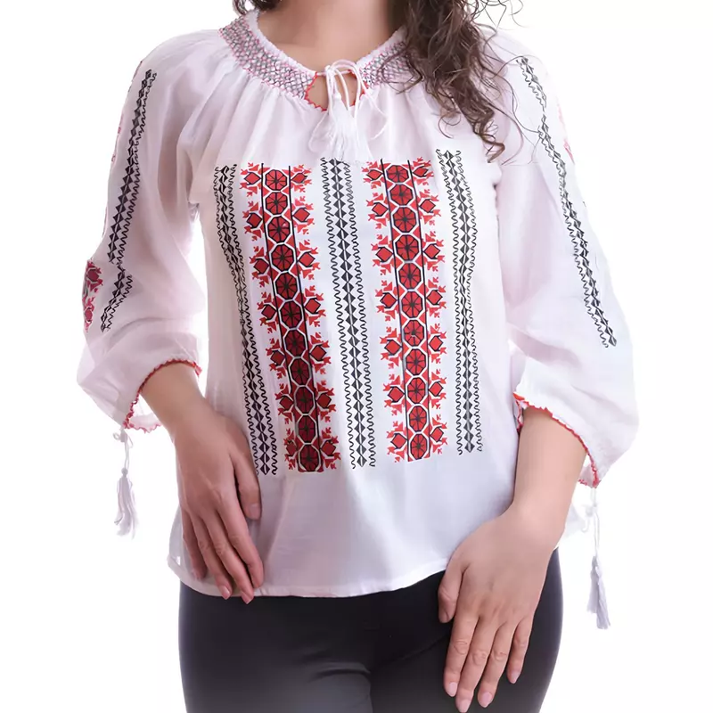 Ie Traditionala Alba cu Motiv Geometric Rosu - IML18