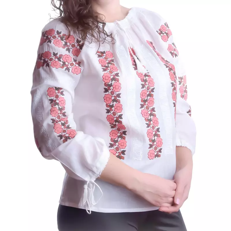 Bluza Tip Ie Alba cu Motiv Floral Roz - BMG65