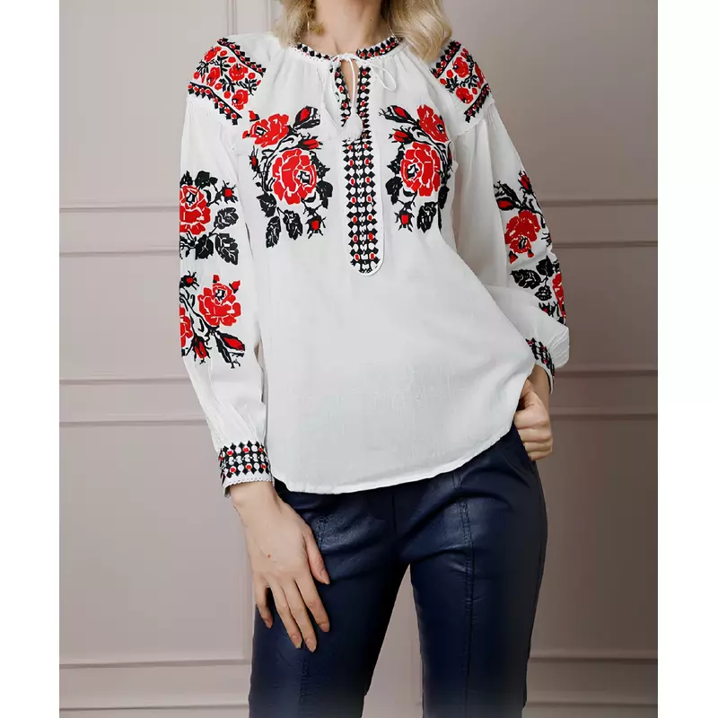 Bluza Tip Ie Alba cu Motiv Floral Rosu- BMG18
