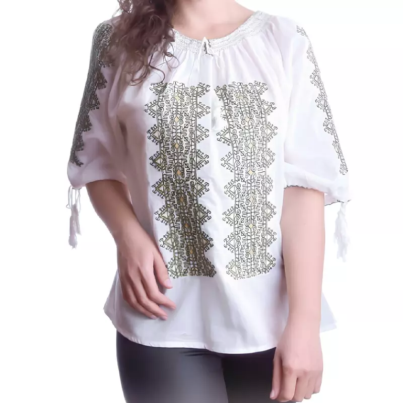 Bluza Tip Ie Traditionala Alba cu Motiv Geometric Verde de Dama - IMS73