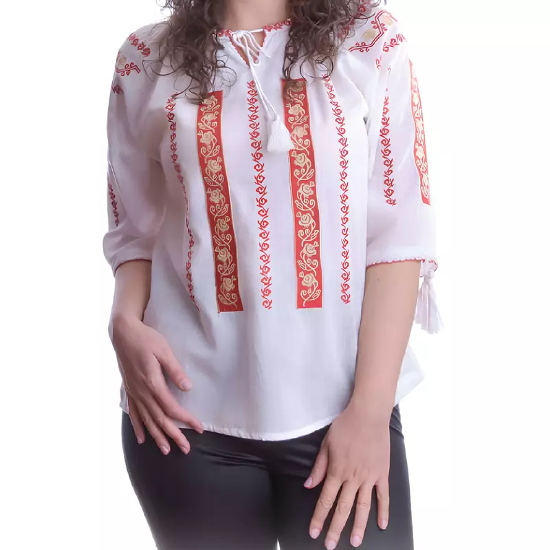 Bluza Tip Ie Traditionala Alba cu Motiv Geometric Rosu de Dama - IMS71