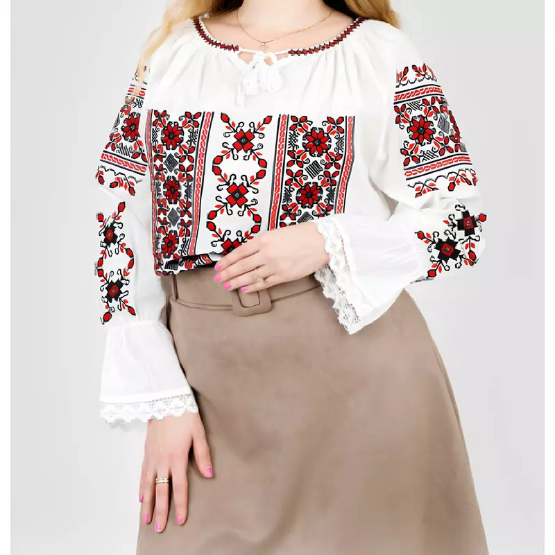 Bluza Tip Ie Alba cu Motiv Floral Rosu - BMG48