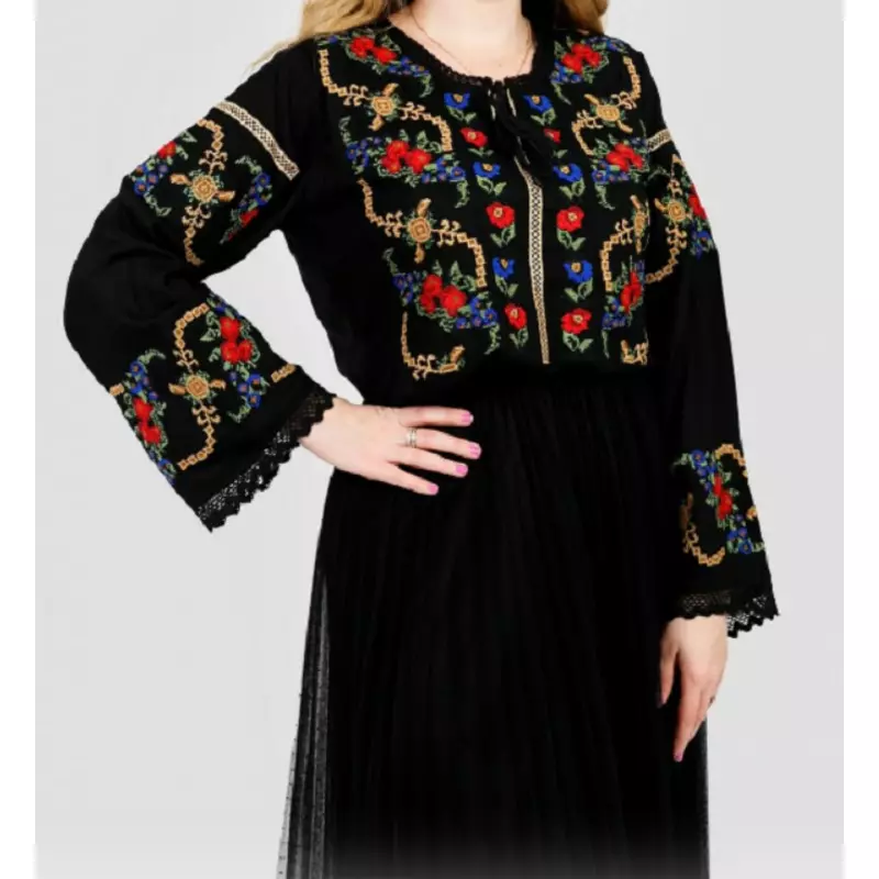 Bluza Tip Ie Neagra cu Motiv Floral Multicolor - BMG03