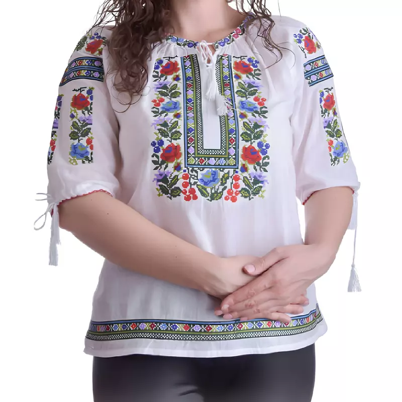 Bluza Tip Ie Traditionala Alba cu Motiv Floral Multicolor de Dama - IMS84
