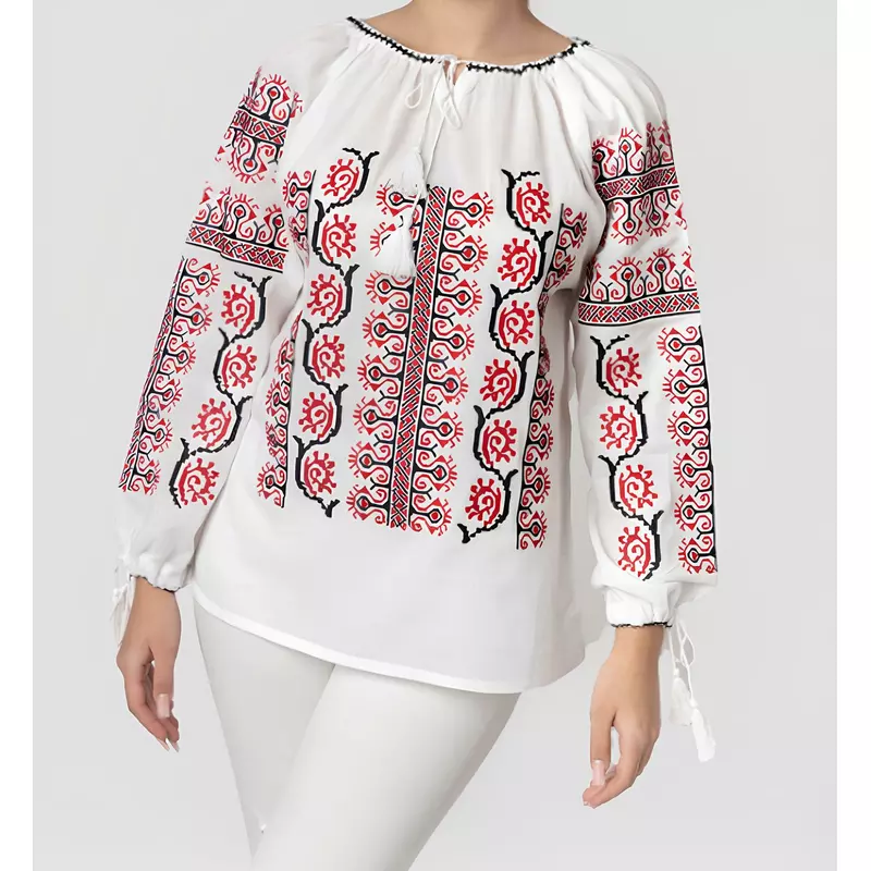 Ie Traditionala Alba cu Motiv Floral Rosu- IML14