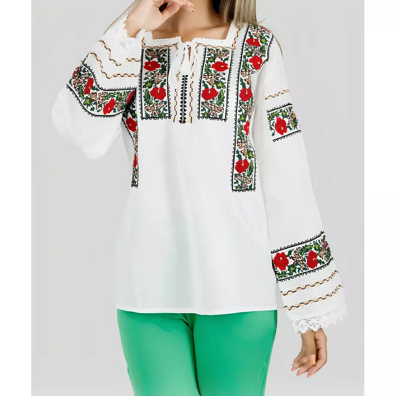 Bluza Tip Ie Alba cu Motiv Floral Rosu - BMG24