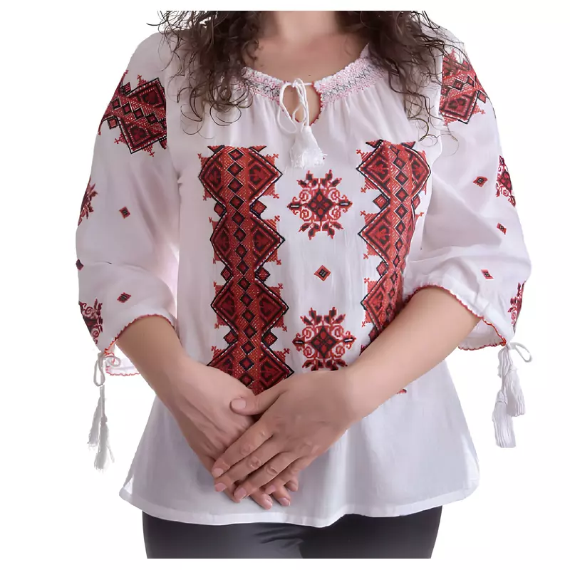 Bluza Tip Ie Traditionala Alba cu Motiv Geometric Rosu de Dama - IMS78
