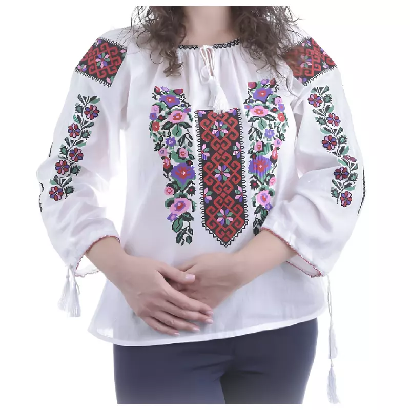 Bluza Tip Ie Alba cu Motiv Floral Multicolor - BMG69