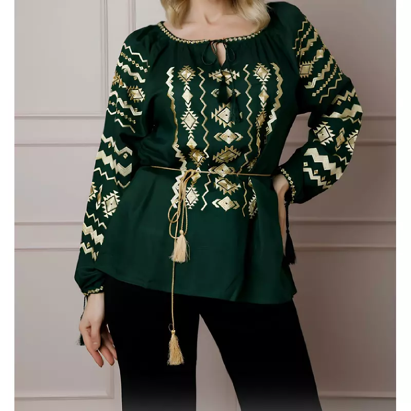 Bluza Verde cu Motiv Geometric Auriu - BMG175