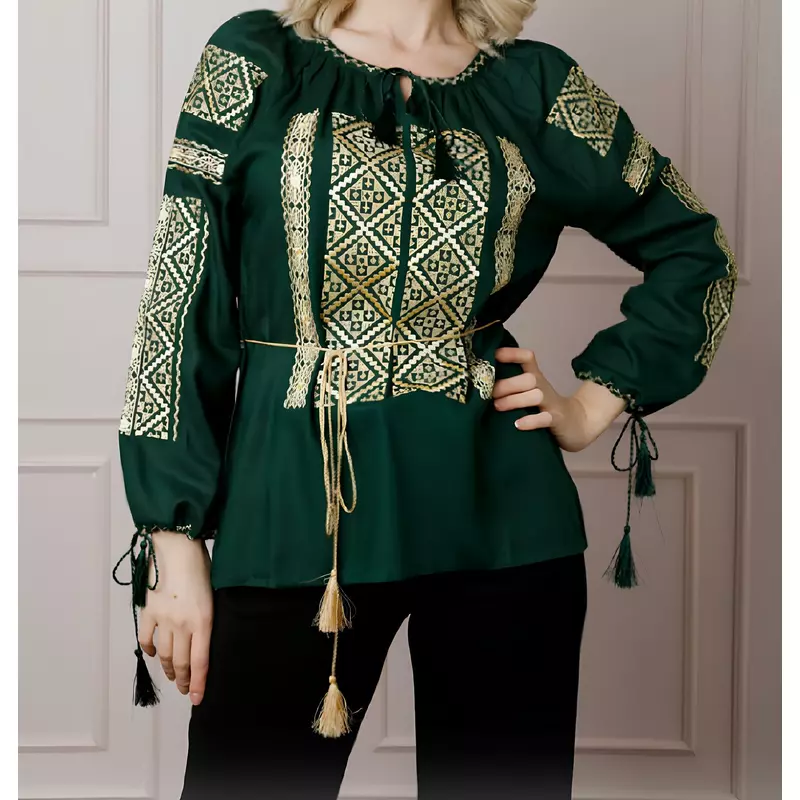 Bluza Verde cu Motiv Geometric Auriu - BMG174
