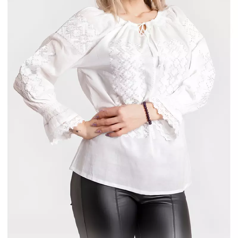 Bluza Tip Ie Alba cu Motiv Floral Alb - BMG33