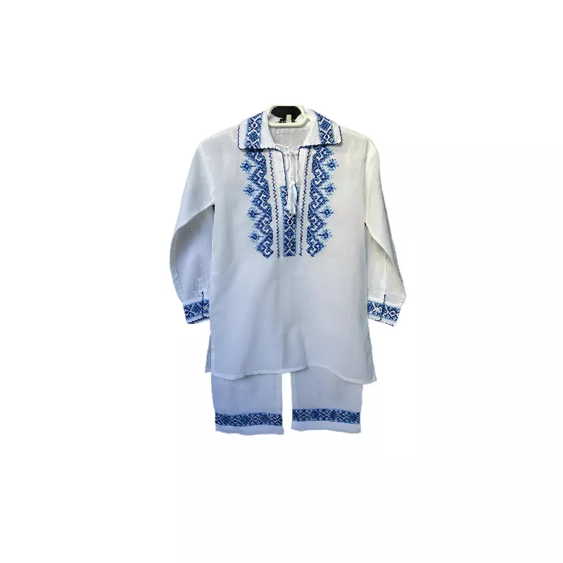 Compleu Traditional Alb pentru Baieti cu Motiv Geometric Albastru - IMS27