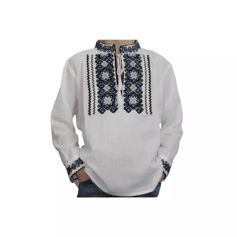 Camasa Tip Ie Traditionala de Baieti Alba cu Motiv Geometric Albastru - ITB03