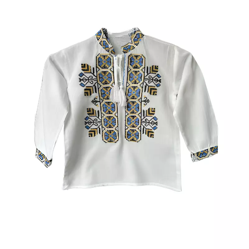 Camasa Tip Ie Traditionala de Baieti Alba cu Motiv Geometric Multicolor - ITB05