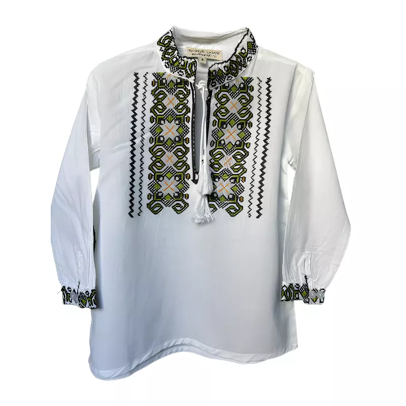 Camasa Tip Ie Traditionala de Baieti Alba cu Motiv Geometric Verde- ITB06