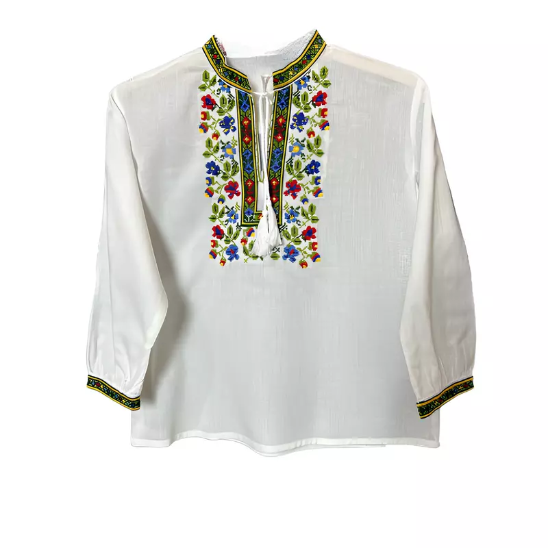 Camasa Tip Ie Traditionala de Baieti Alba cu Motiv Floral Multicolor - ITB08