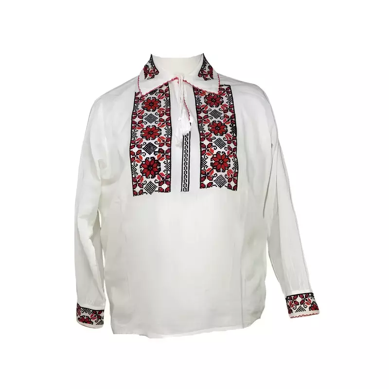 Camasa Tip Ie Traditionala de Baieti Alba cu Motiv Floral Rosu  - ITB09