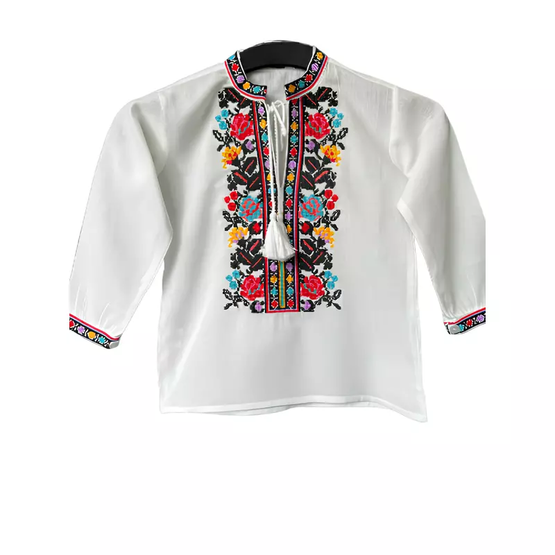 Camasa Tip Ie Traditionala de Baieti Alba cu Motiv Floral Multicolor  - ITB10