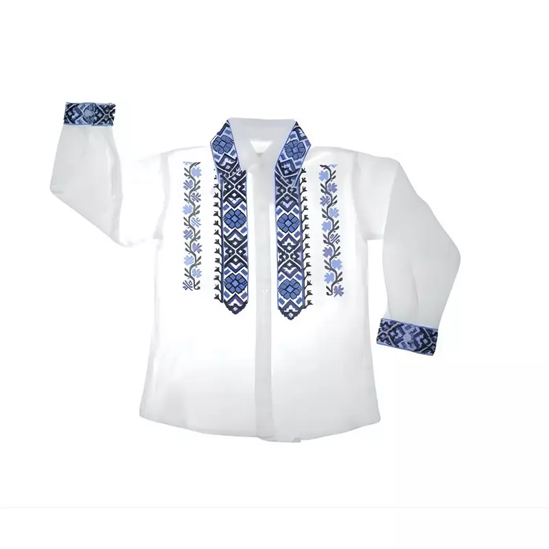 Camasa Tip Ie Traditionala de Baieti Alba cu Motiv Geometric Albastru - ITB14