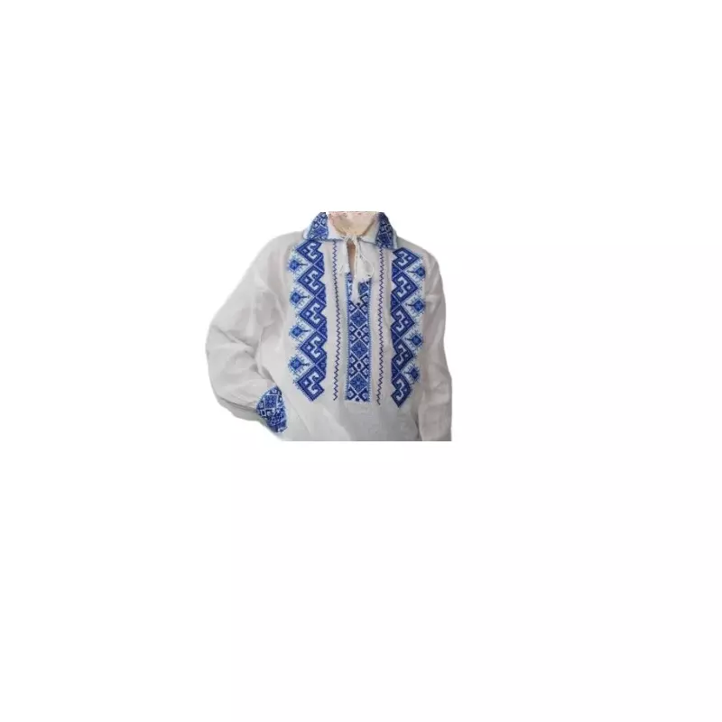 Camasa Tip Ie Traditionala de Baieti Alba cu Motiv Geometric Albastru - ITB15