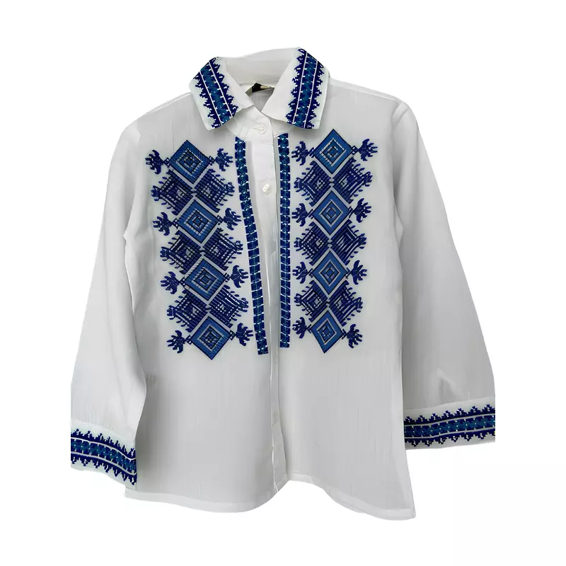 Camasa Traditionala de Baieti Alba cu Motiv Geometric Albastru - ITB28