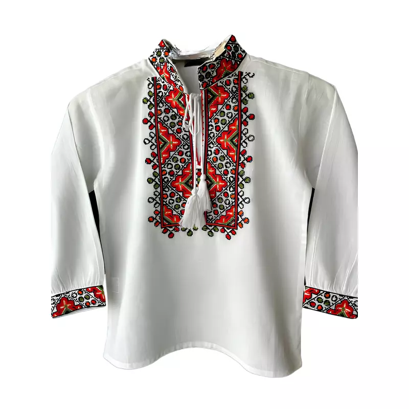 Camasa Traditionala de Baieti Alba cu Motiv Floral Rosu - ITB29