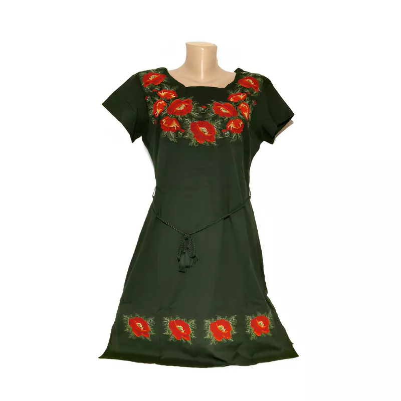 Rochie Traditionala Midi Verde cu Motiv Floral Rosu - RTM13