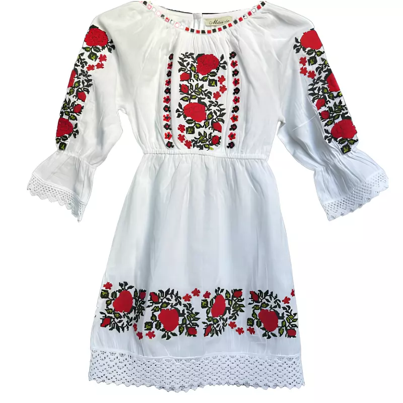 Compleu Traditional Alb pentru Fetite cu Motiv Floral Rosu -  RTF03