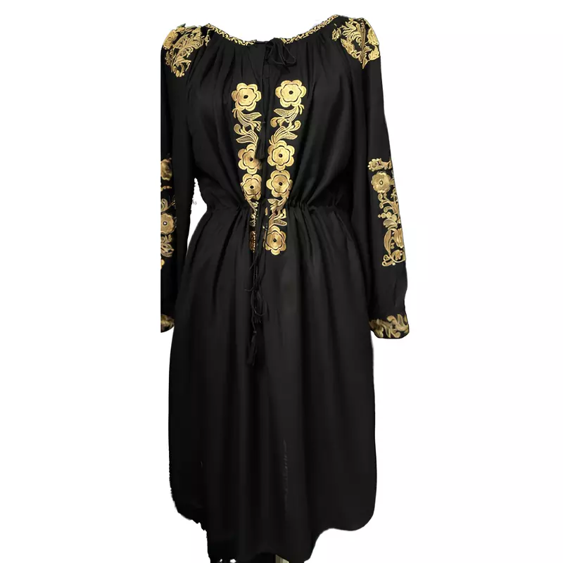 Rochie traditionala midi neagra cu motiv floral auriu - RTM37