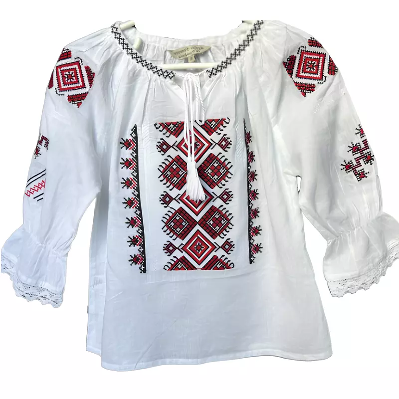 Ie Traditionala Alba pentru Fetite cu Motiv Geometric Rosu - ITF08