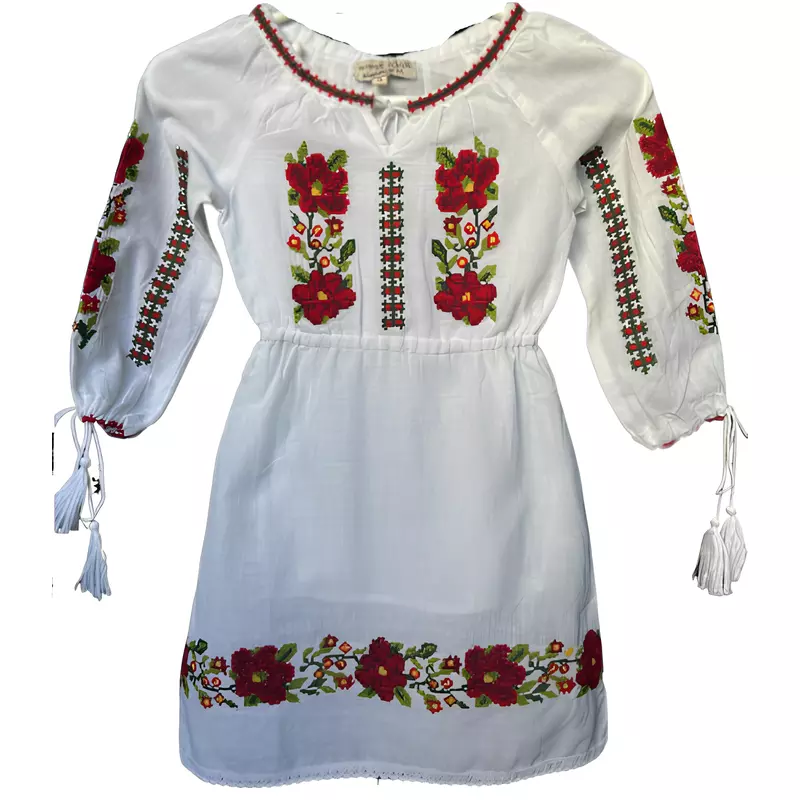 Rochie Traditionala Alba pentru Fetite cu Motiv Floral Rosu - RTF07