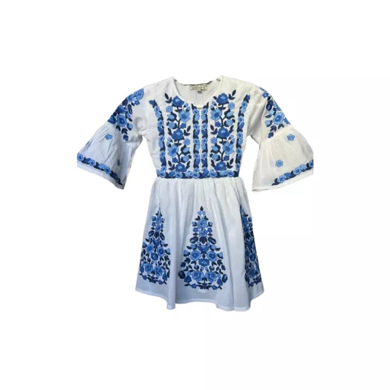 Rochie Traditionala Alba pentru Fetite cu Motiv Floral Albastru -  RTF02