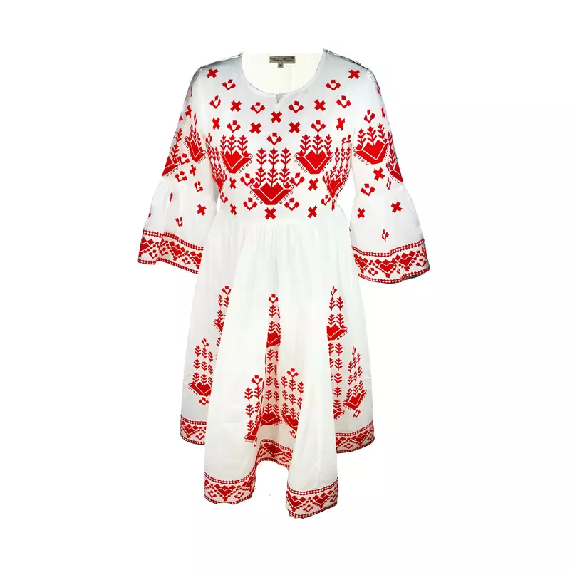 Rochie traditionala evazata alba cu motiv geometric rosu - RTM55