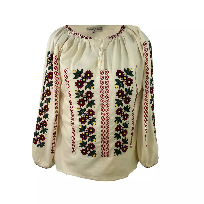 Ie Traditionala Crem cu Motiv Floral Rosu- IML05