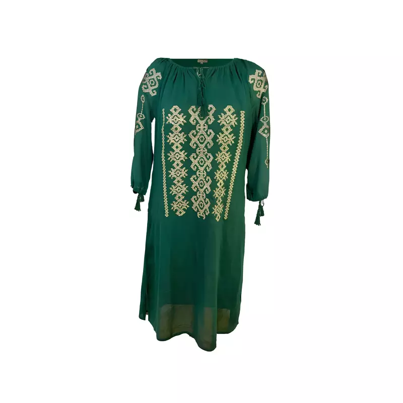 Rochie traditionala midi verde cu motiv geometric gri -  RTM58